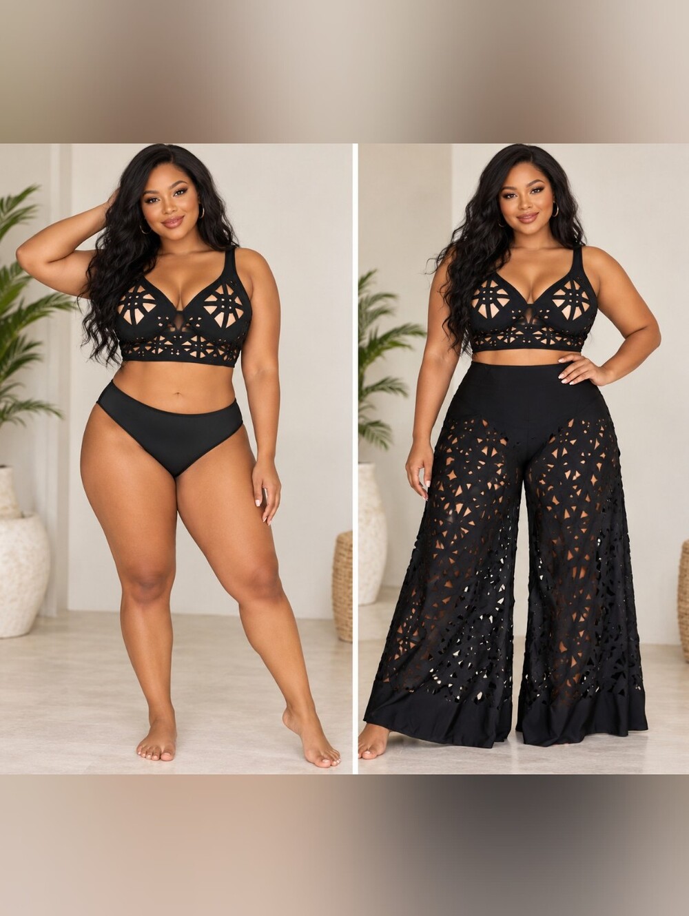 3 Piece Black Laser-Cut Wide Leg SWIMWEAR- Women's